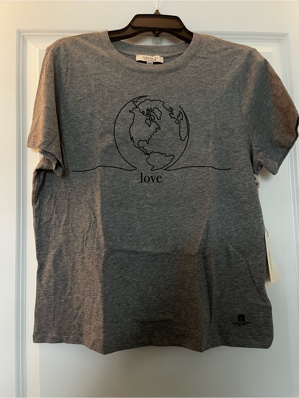 Forever 21 Gray Embroidered Globe 'Love' Graphic Tee